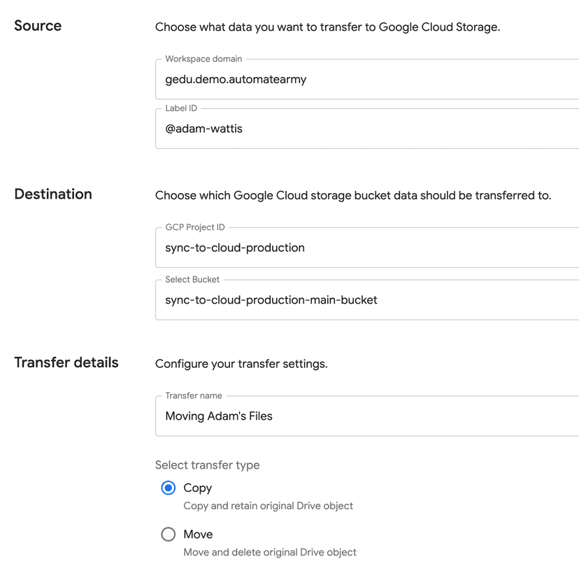 Sync to Cloud Form Interface